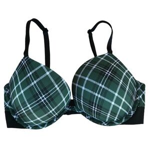 Pink Victoria Secret Push Up Green White Plaid Under Wire Bra 34D